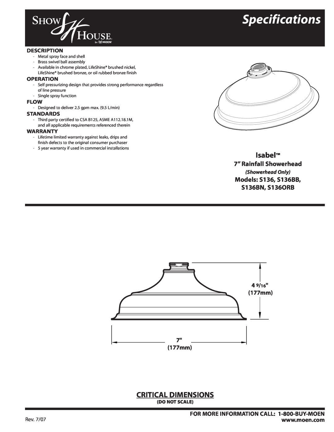 Moen S136BB specifications Specifications, Isabel, Critical Dimensions, 7” Rainfall Showerhead, 4 9/16 177mm, Description 