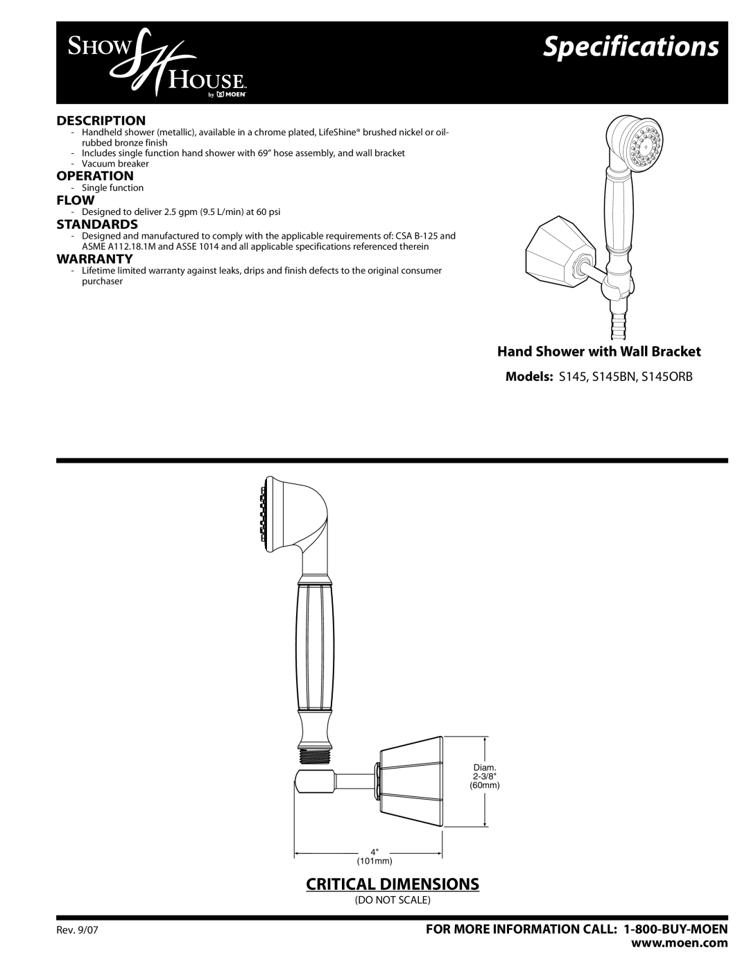 Moen S145ORB, S145BN specifications Specifications 