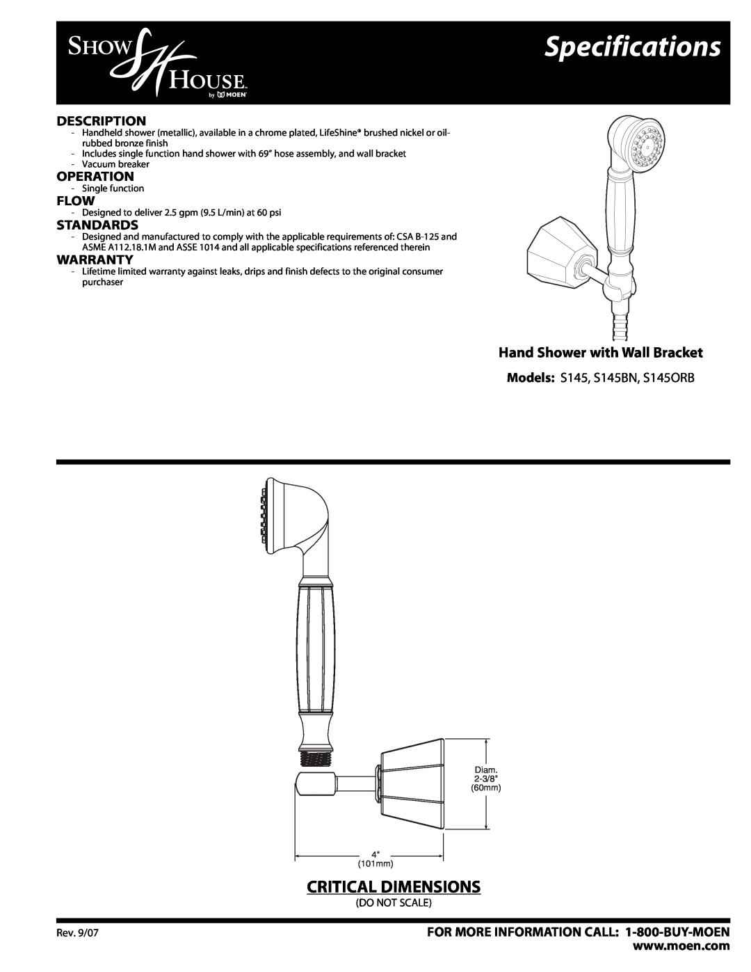 Moen S145 specifications Specifications, Critical Dimensions, Hand Shower with Wall Bracket, Description, Operation, Flow 