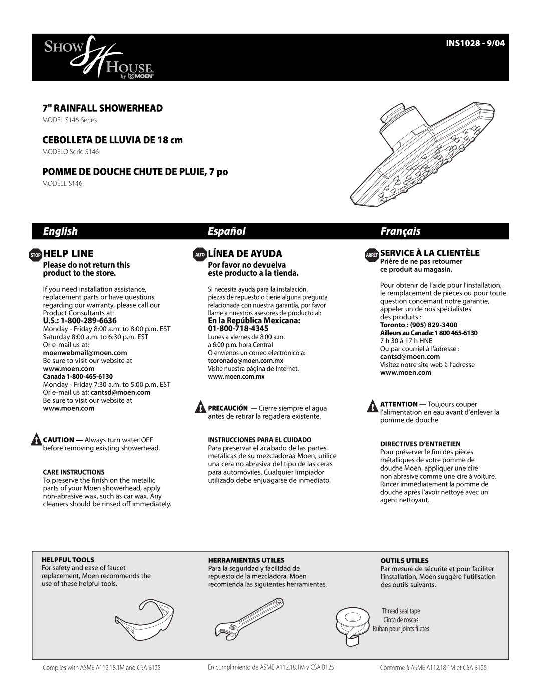 Moen S146 warranty Rainfall Showerhead, Stop Help Line, Alto Línea DE Ayuda 