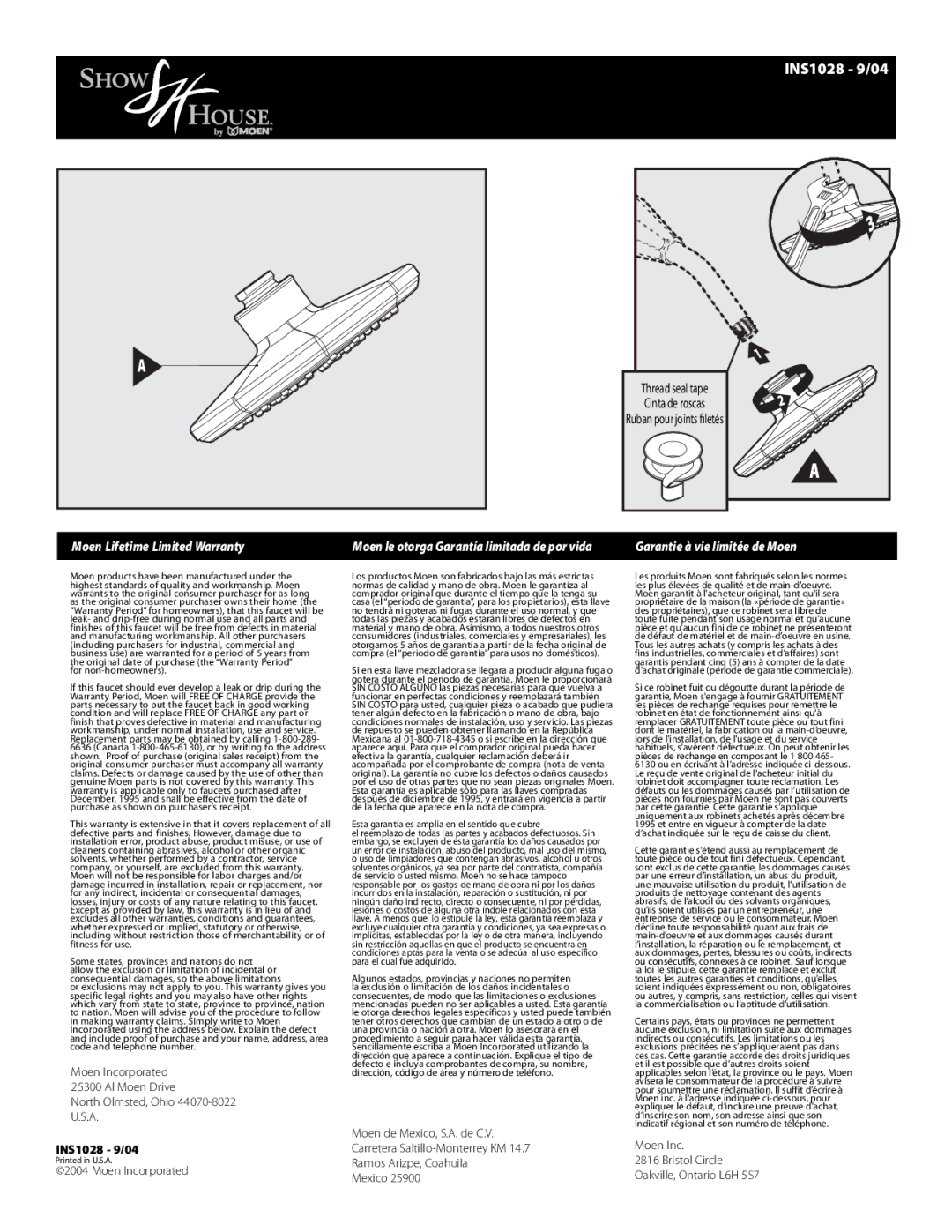 Moen S146 warranty Moen Incorporated Al Moen Drive North Olmsted, Ohio, INS1028 9/04 