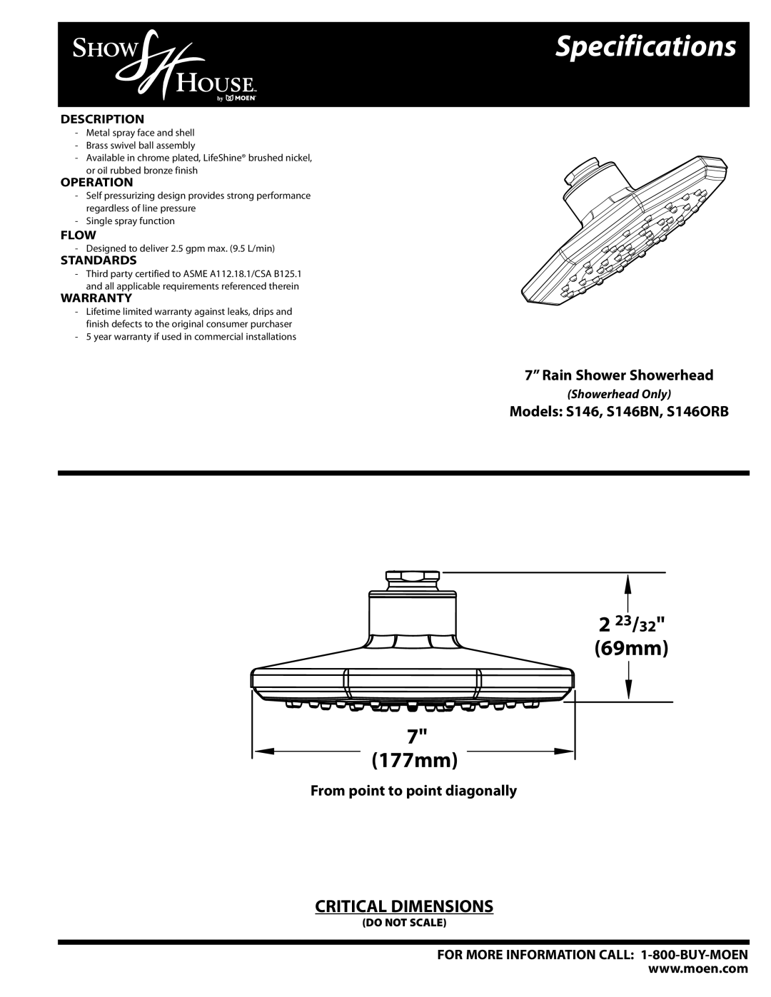 Moen S146ORB, S146BN specifications Specifications, 23/32 69mm 177mm 
