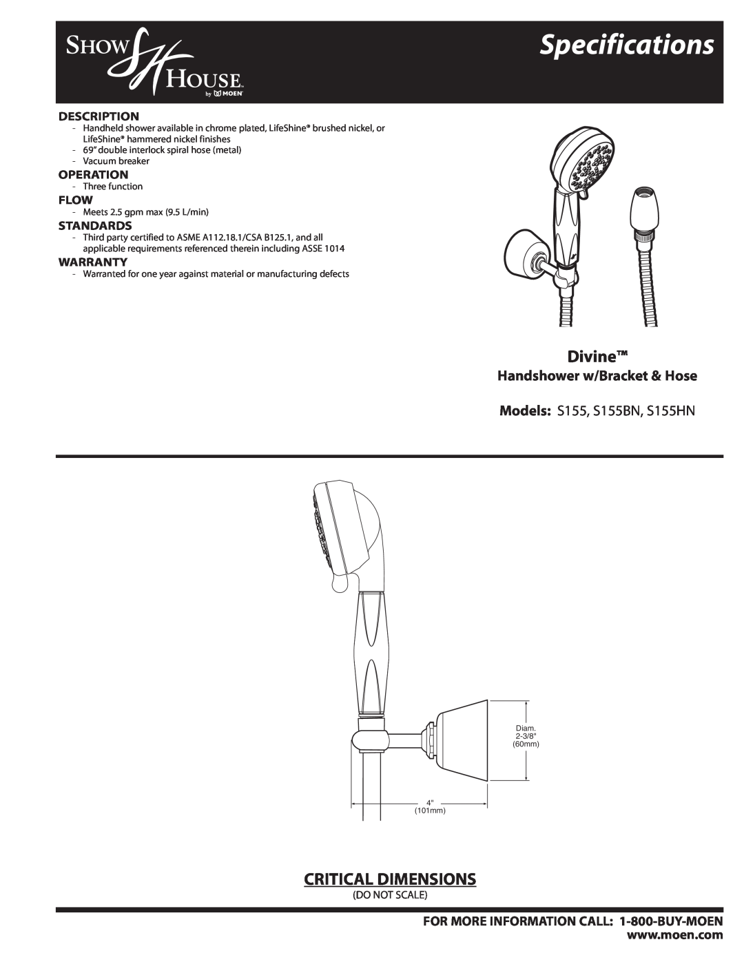 Moen S155 specifications Specifications, Divine, Critical Dimensions, Handshower w/Bracket & Hose, Description, Operation 