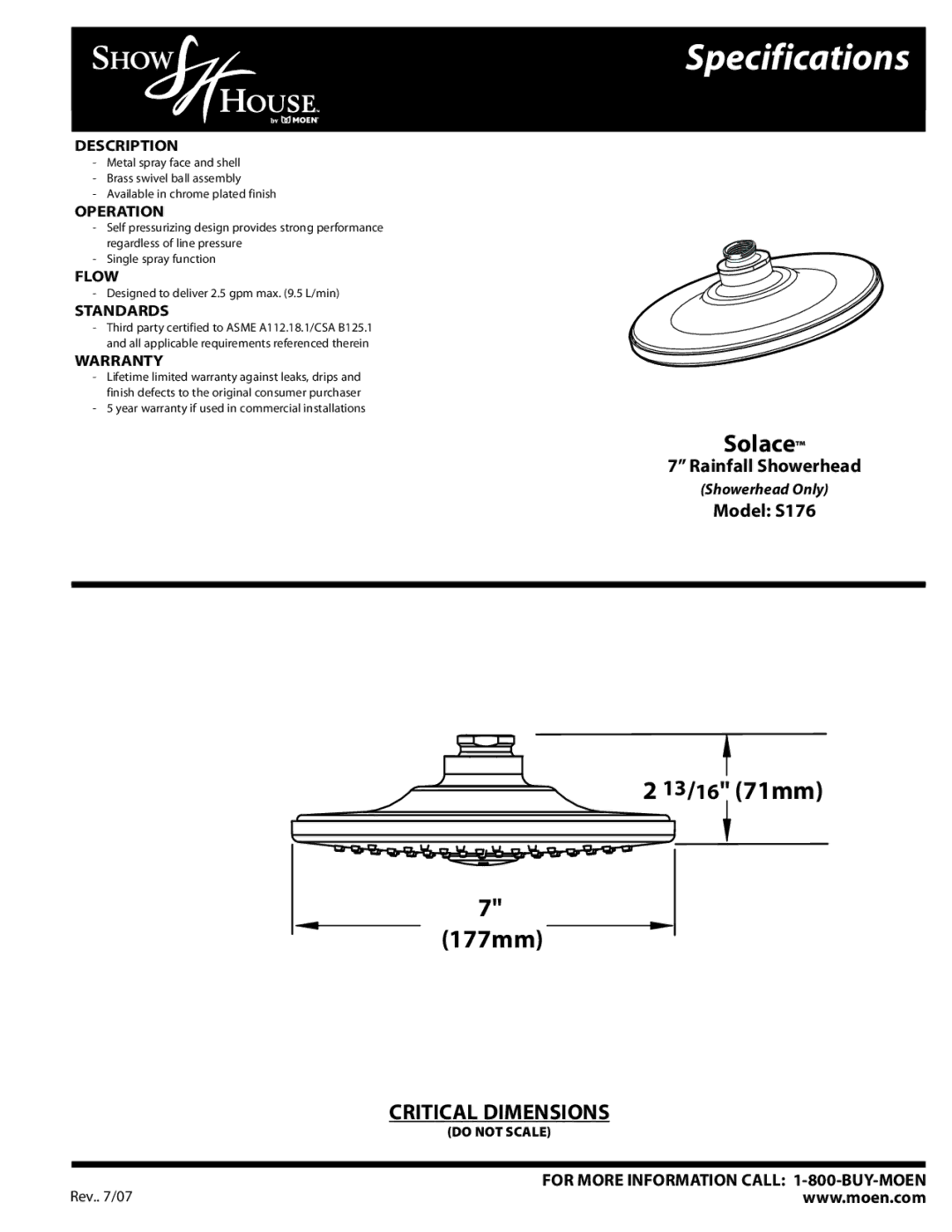 Moen S176 specifications Specifications 