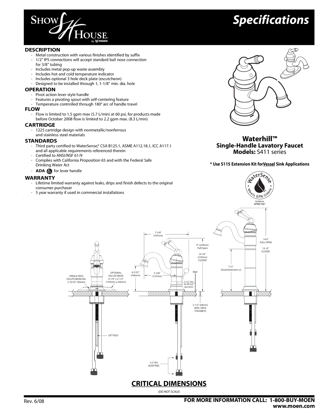 Moen S411 SERIES specifications Description, Operation, Flow, Cartridge, Standards, Warranty 