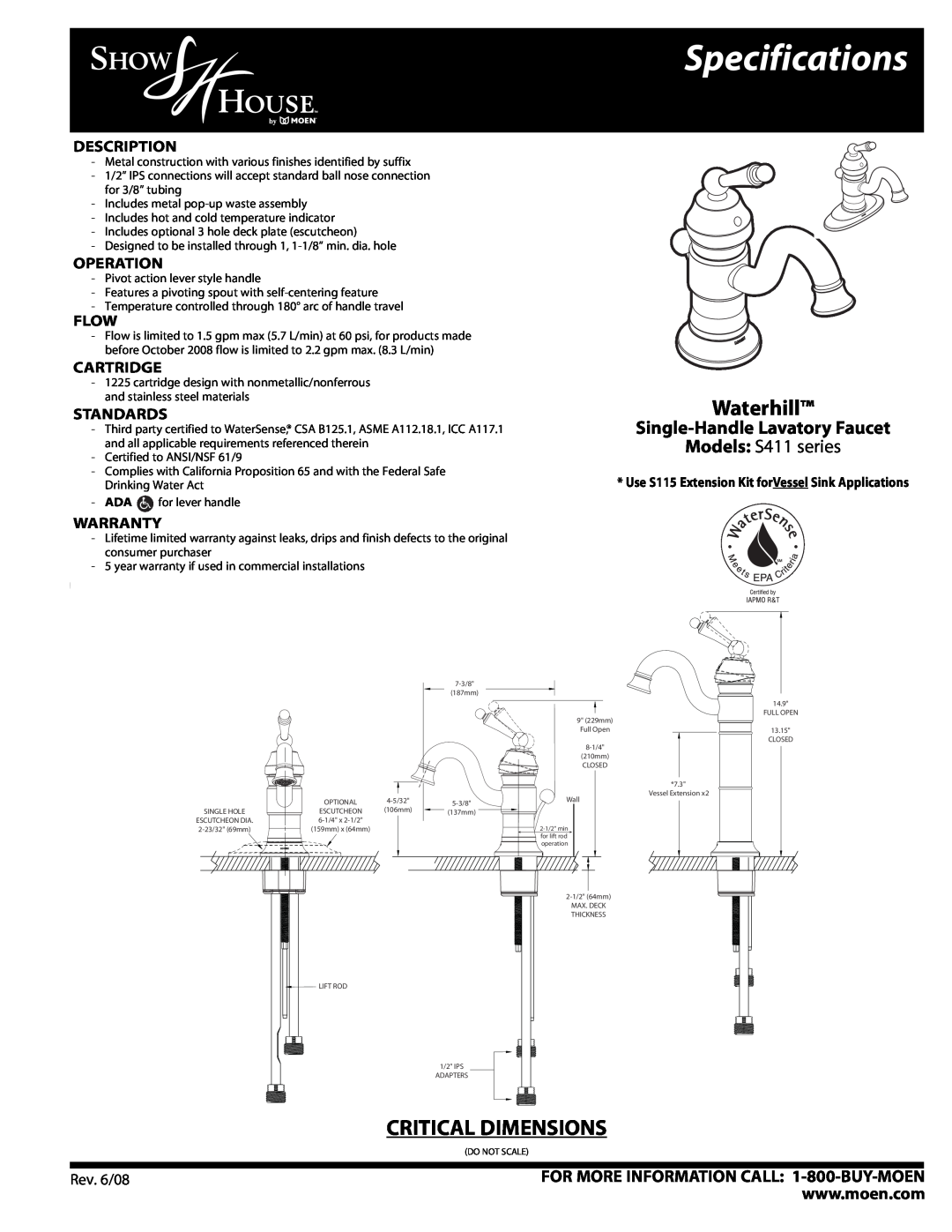 Moen S411 SERIES specifications Specifications, Waterhill, Critical Dimensions, Single-Handle Lavatory Faucet, Description 