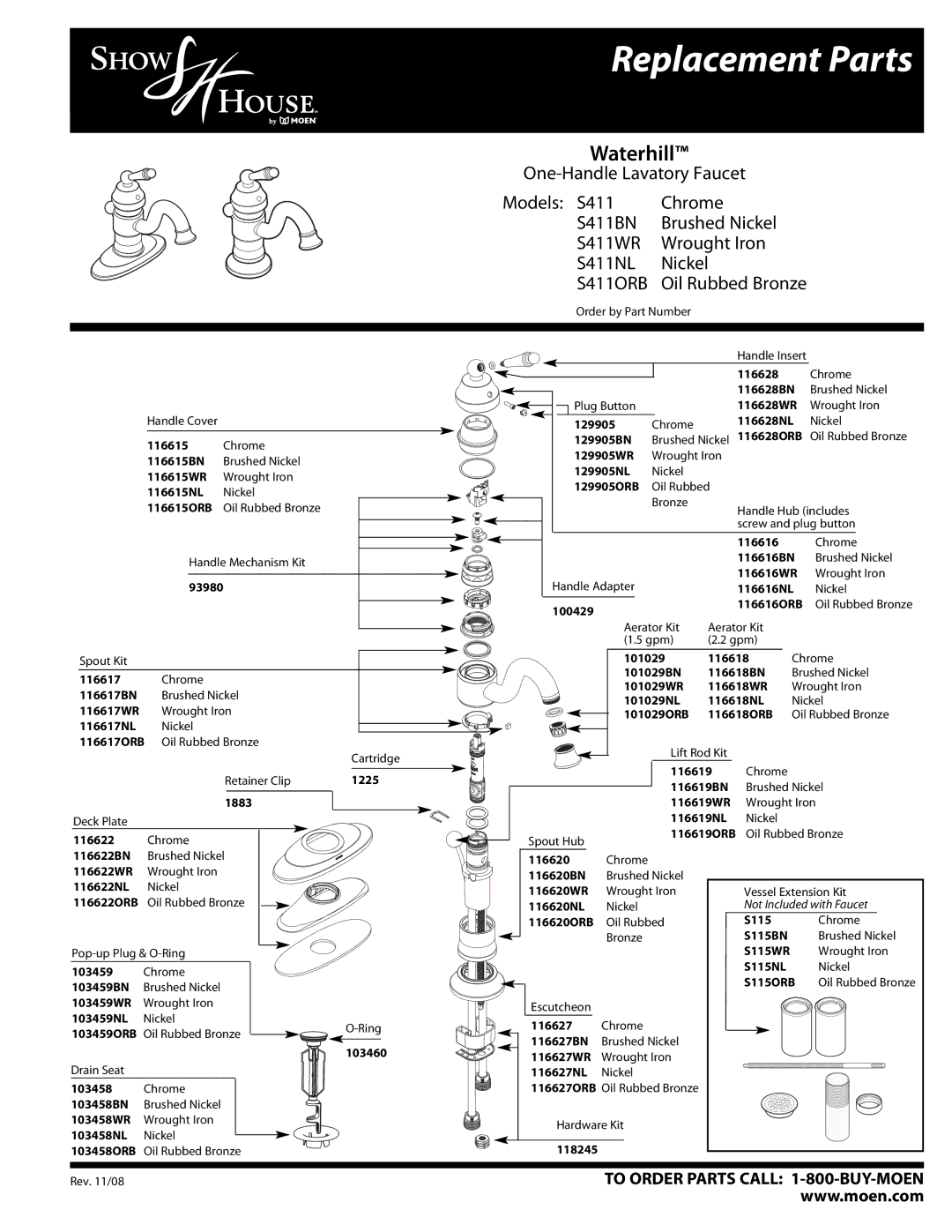 Moen S411WR, S411BN, S411NL manual Replacement Parts, Waterhill, S411ORB, Oil Rubbed Bronze, S115ORB 