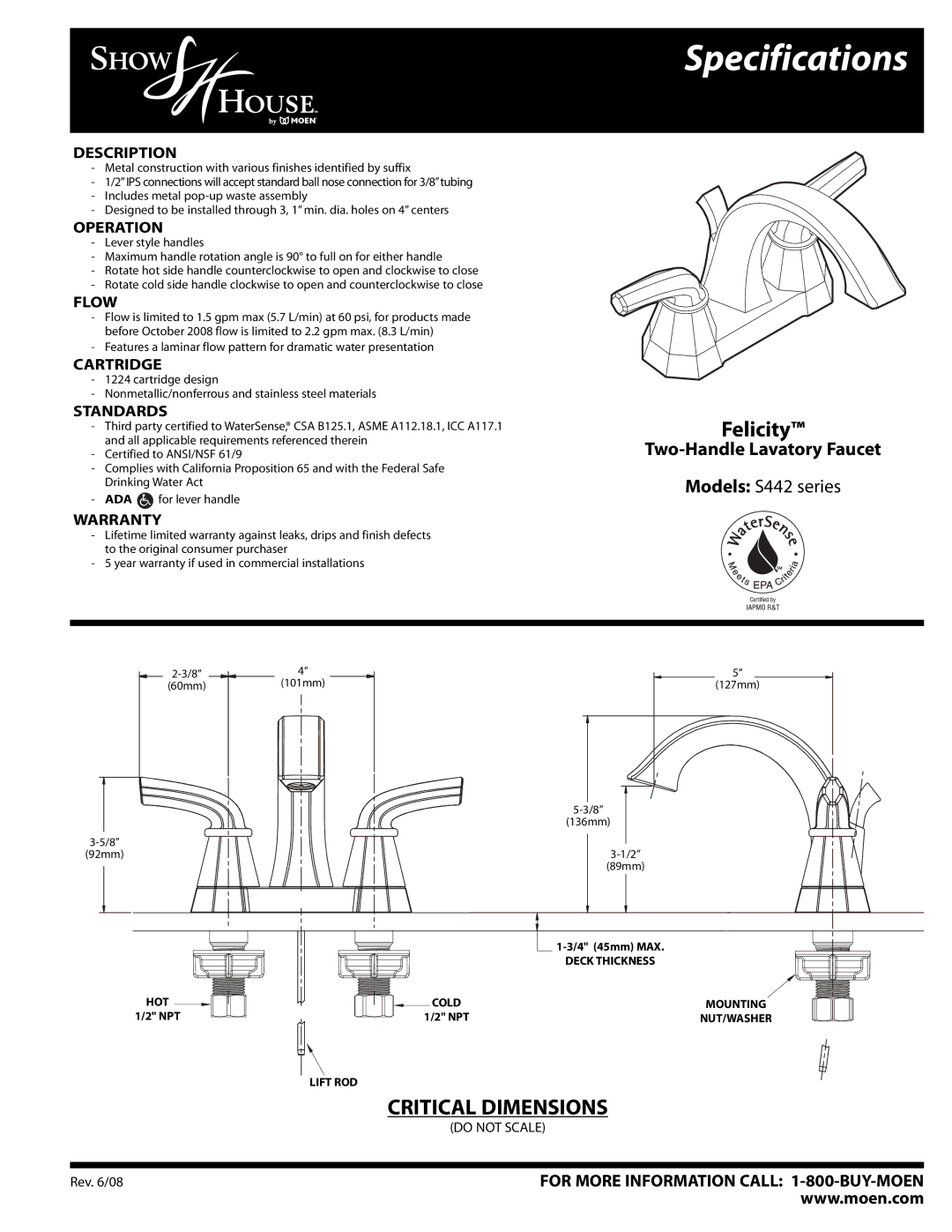 Moen specifications Specifications, Felicity, Two-Handle Lavatory Faucet, Models S442 series 