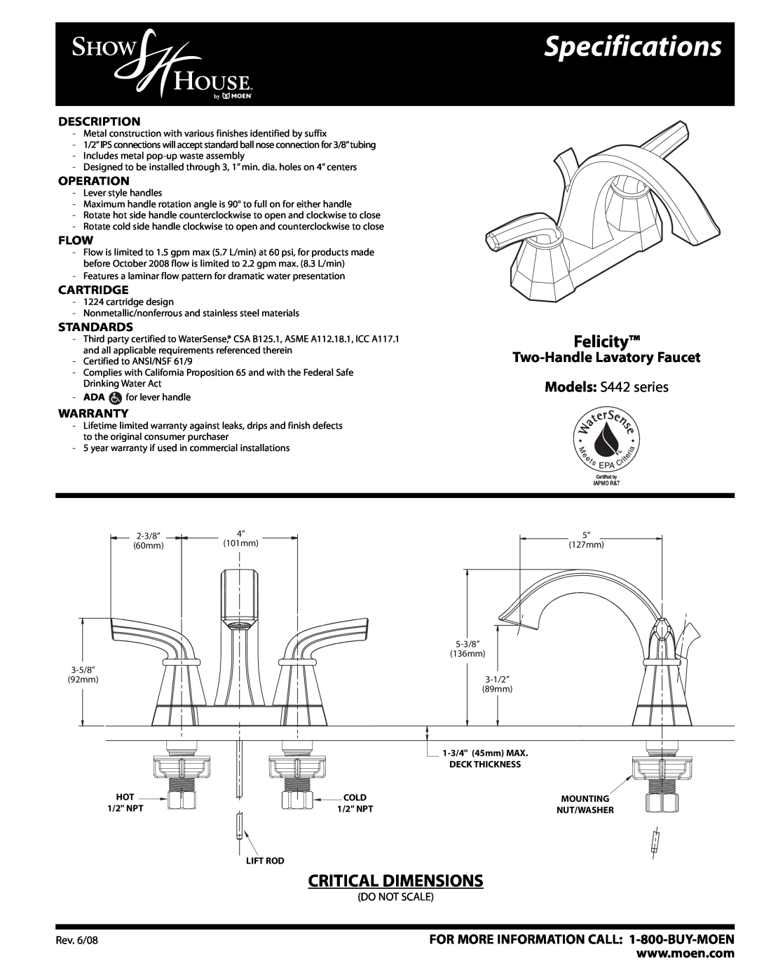 Moen S442 series specifications Specifications, Felicity, Critical Dimensions, Two-Handle Lavatory Faucet, Description 