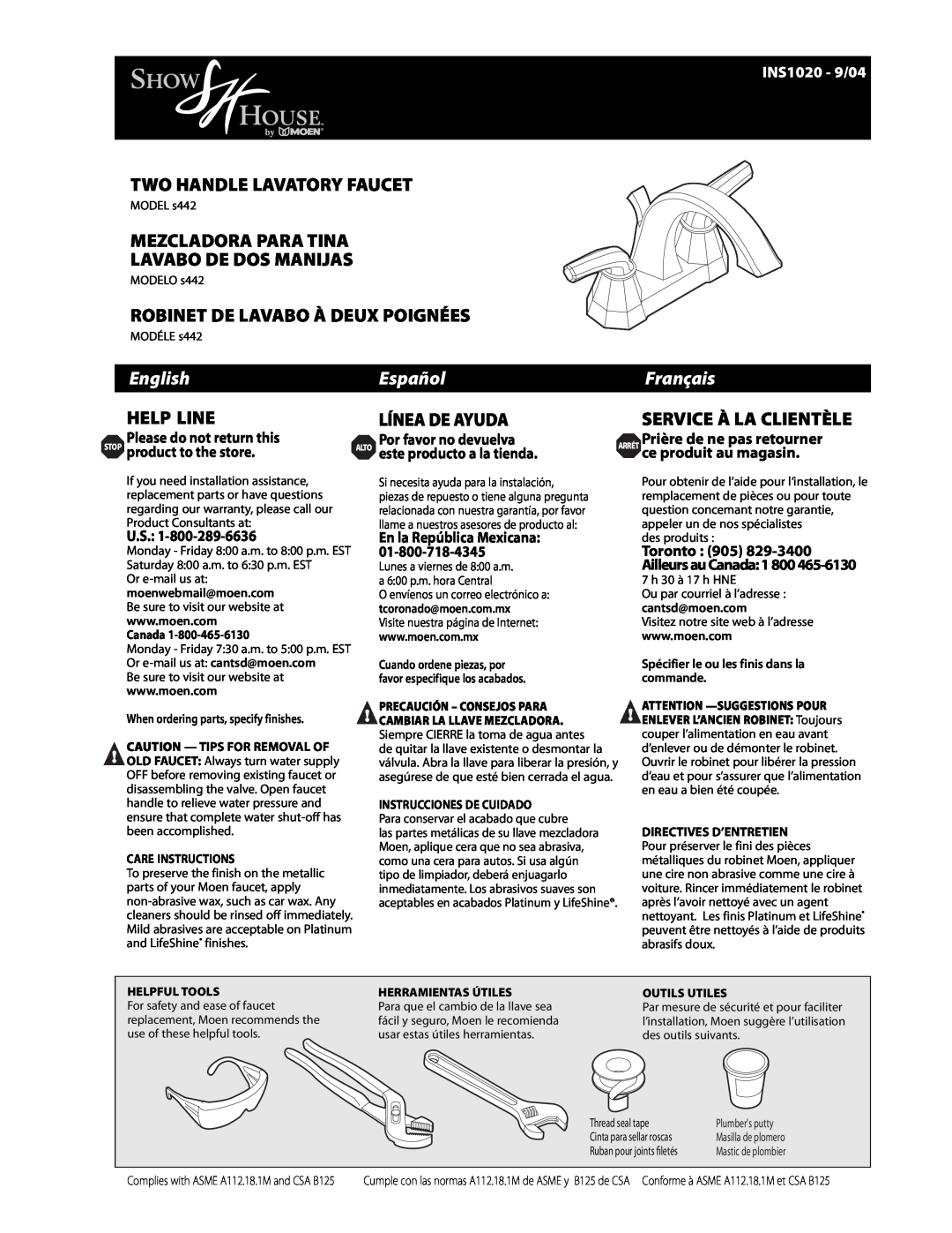 Moen s442 warranty English, Español, Français, INS1020 - 9/04, Two Handle Lavatory Faucet, Help Line, Línea De Ayuda 