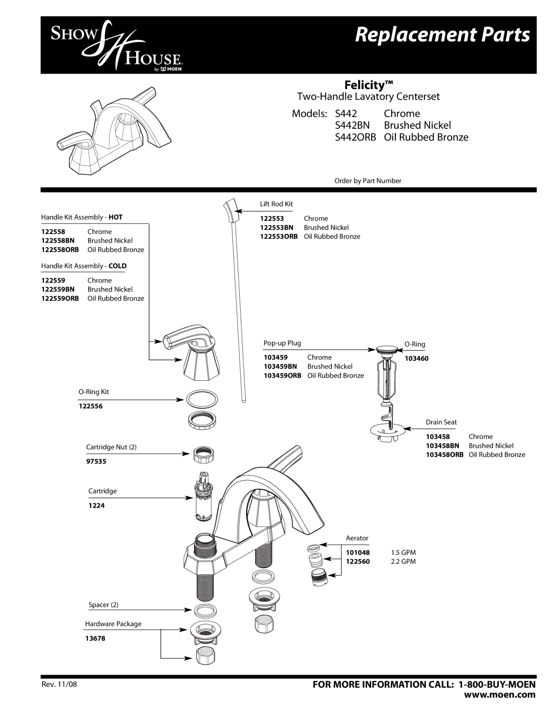 Moen S442ORB, S442BN, S442 Chrome manual Replacement Parts, Felicity, Oil Rubbed Bronze 