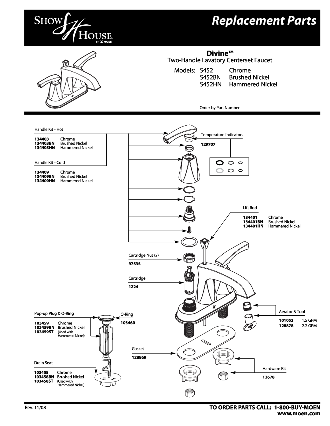 Moen S452HN manual Replacement Parts, Divine, Two-Handle Lavatory Centerset Faucet, Models S452, Chrome, S452BN, 129707 