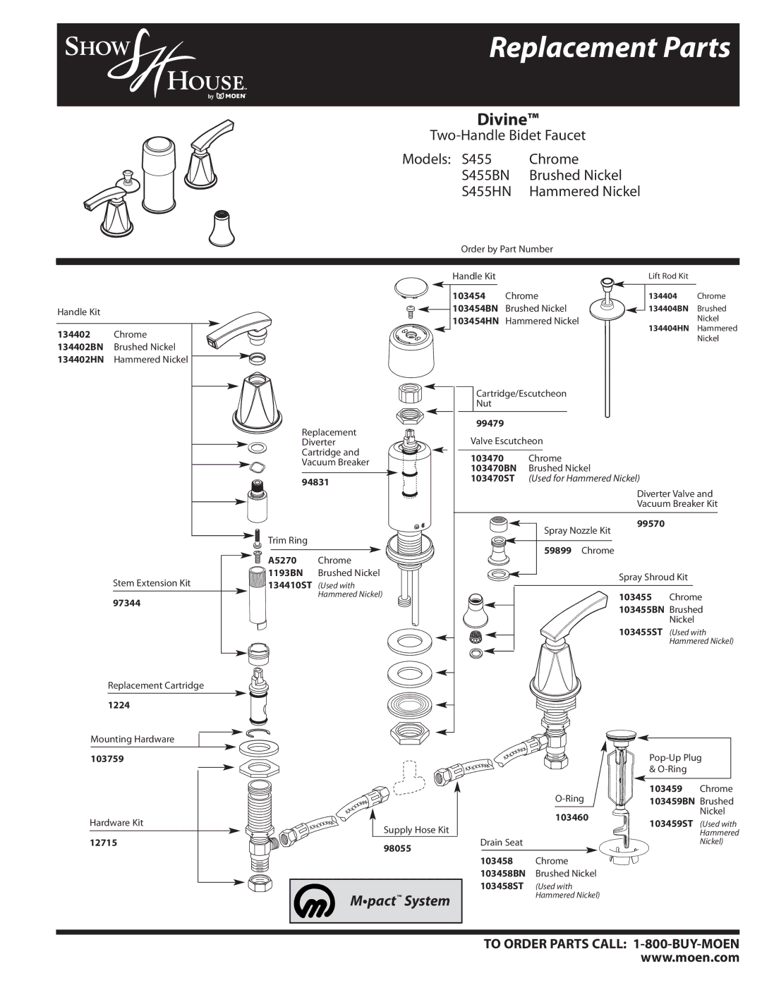 Moen S455HN, S455BN manual Replacement Parts, Divine, Mpact System, Hammered Nickel 