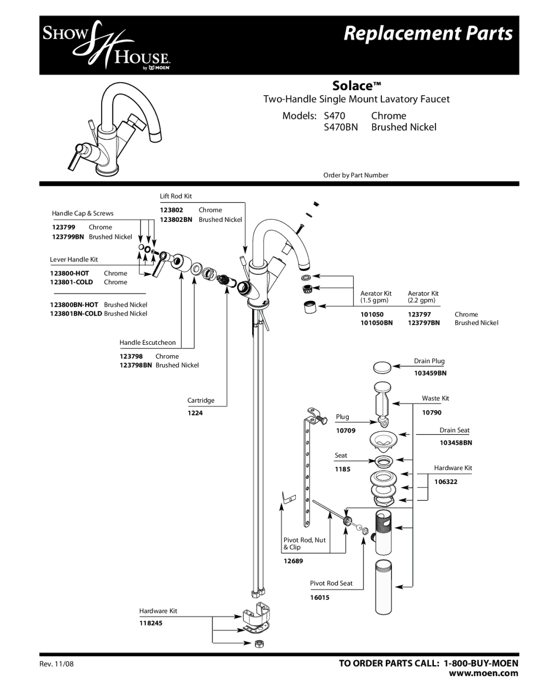 Moen S470 Chrome manual Replacement Parts, Solace, Brushed Nickel 