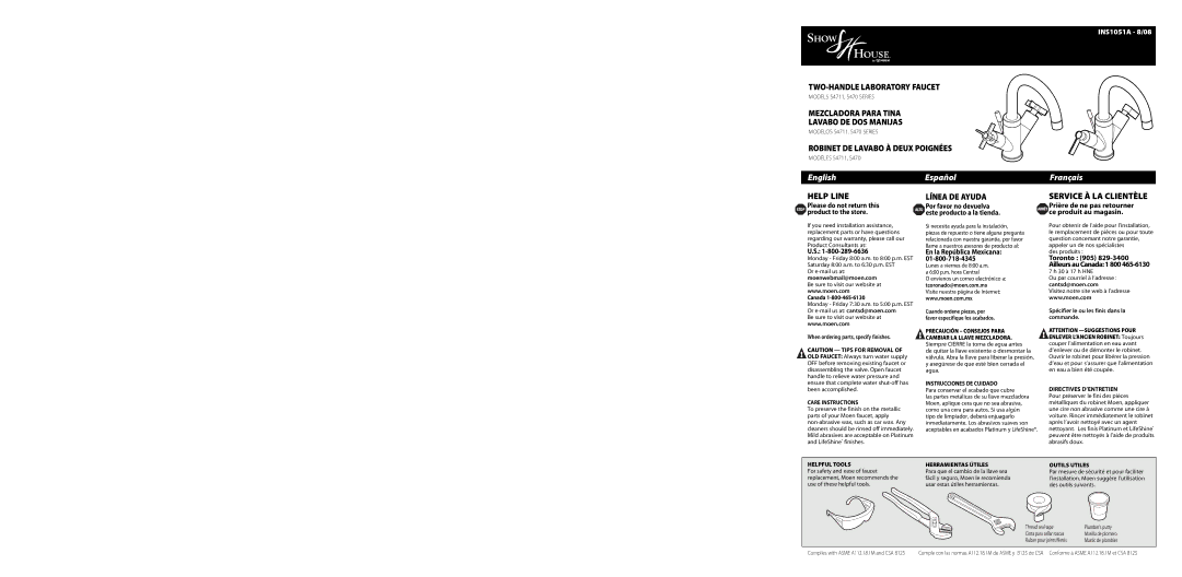 Moen S470 Series, S4711 Series warranty Moenwebmail@moen.com, En la República Mexicana, Cantsd@moen.com 