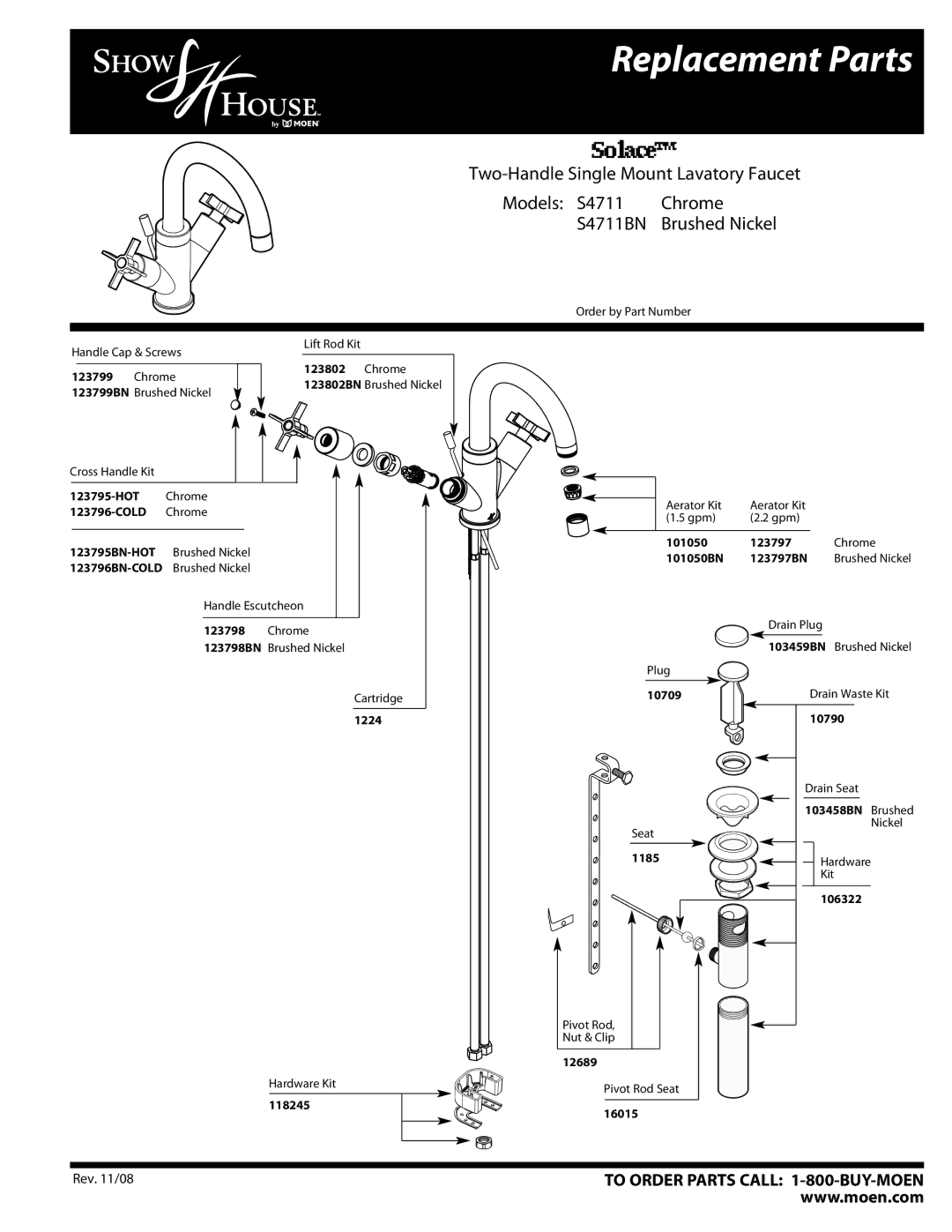 Moen S4711BN manual Replacement Parts, Brushed Nickel 