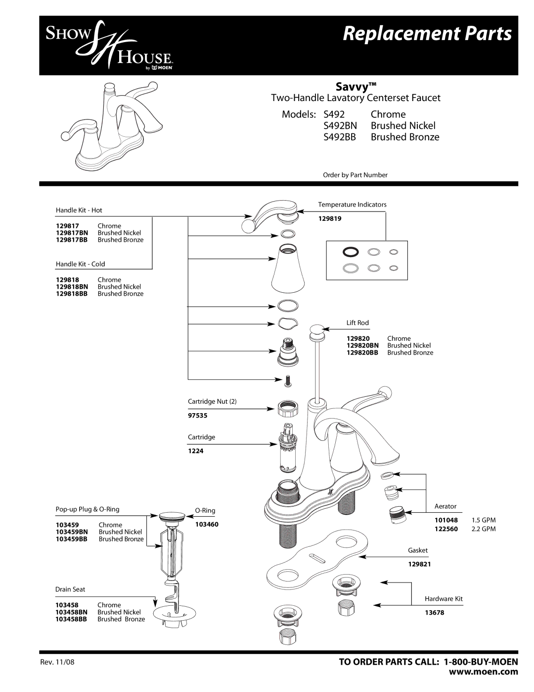 Moen S492BB, S492BN manual Replacement Parts, Savvy, Brushed Bronze 