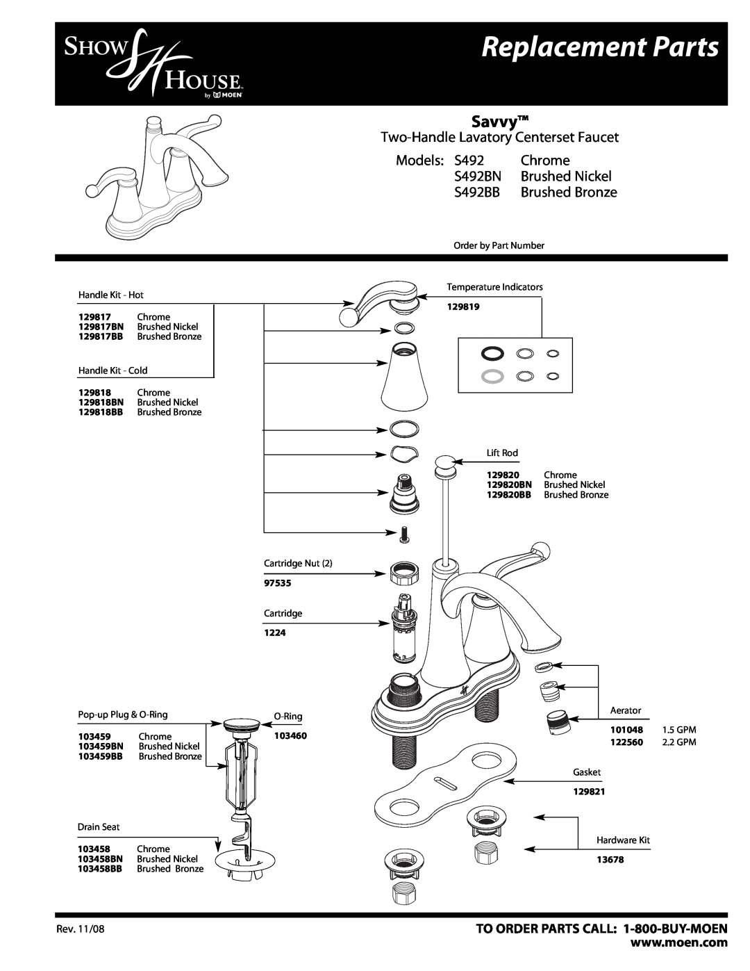 Moen S492BB manual Replacement Parts, Savvy, Two-Handle Lavatory Centerset Faucet, Models S492, Chrome, S492BN, Rev. 11/08 