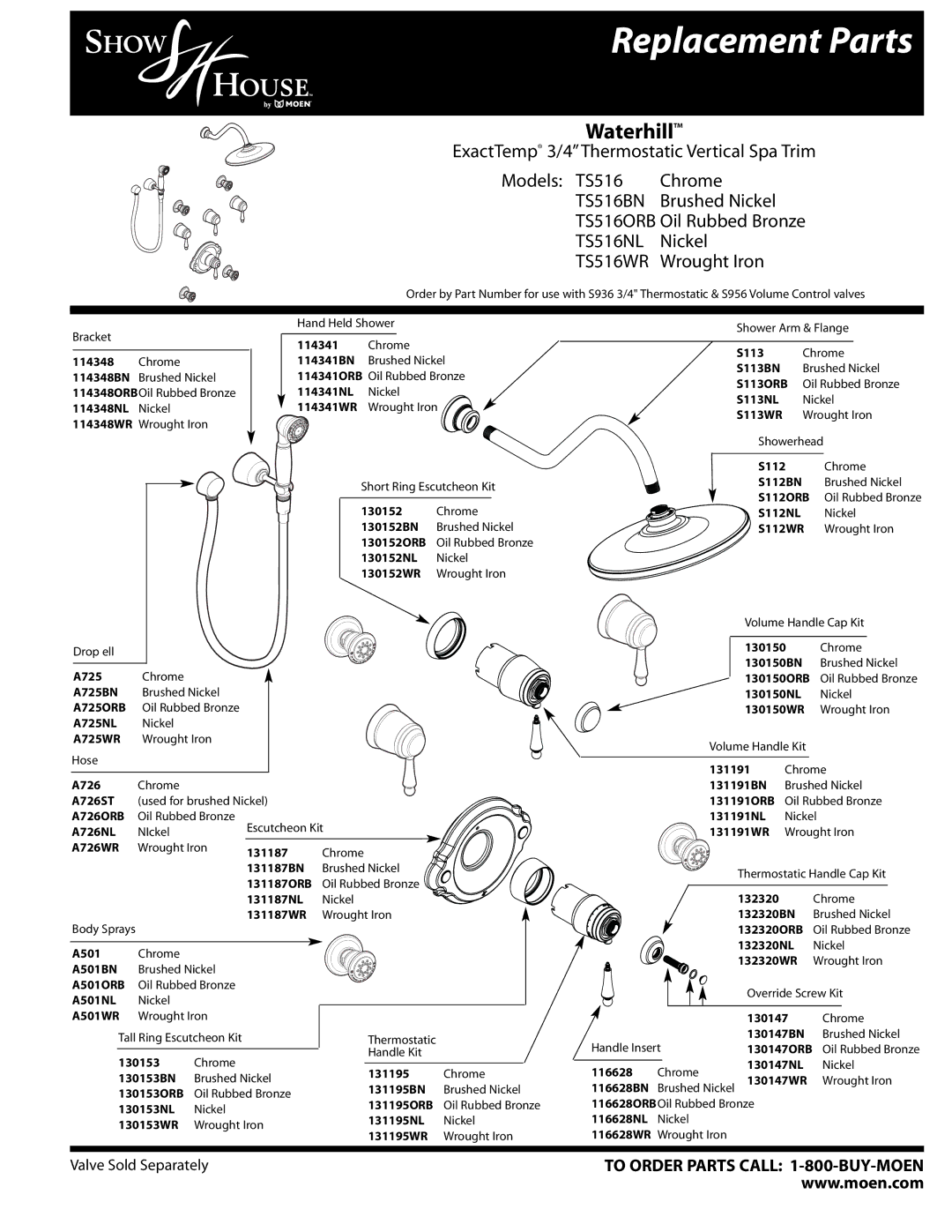 Moen manual Replacement Parts, Waterhill, TS516BN, TS516NL 