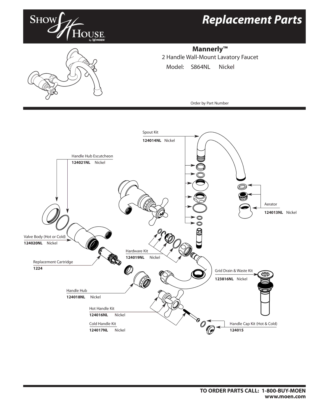 Moen manual Replacement Parts, Mannerly, Handle Wall-Mount Lavatory Faucet Model S864NL Nickel 