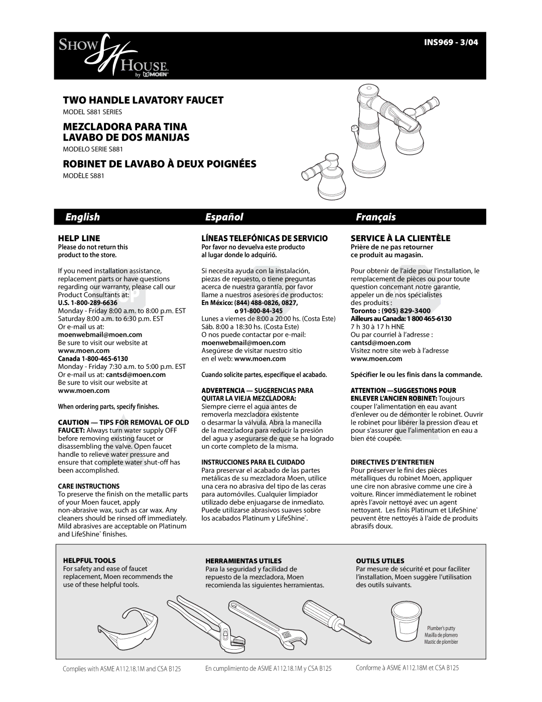 Moen S881 warranty TWO Handle Lavatory Faucet 