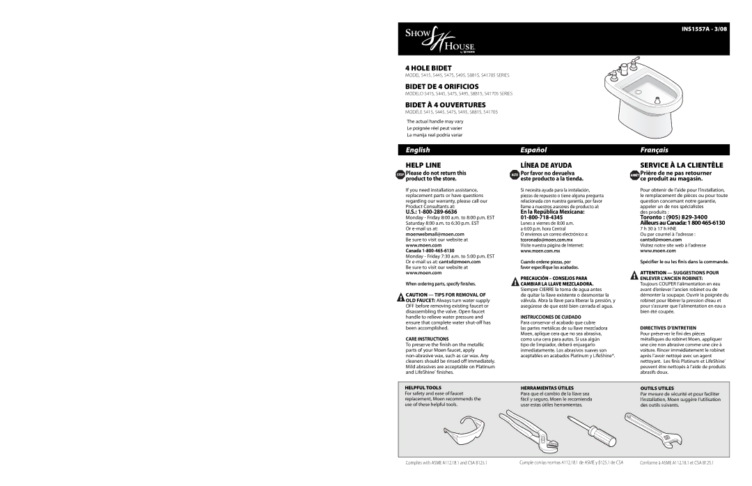 Moen S495, S8815, S415, S475, S445, S41705 SERIES warranty Toronto 905 Ailleurs au Canada 1 800 