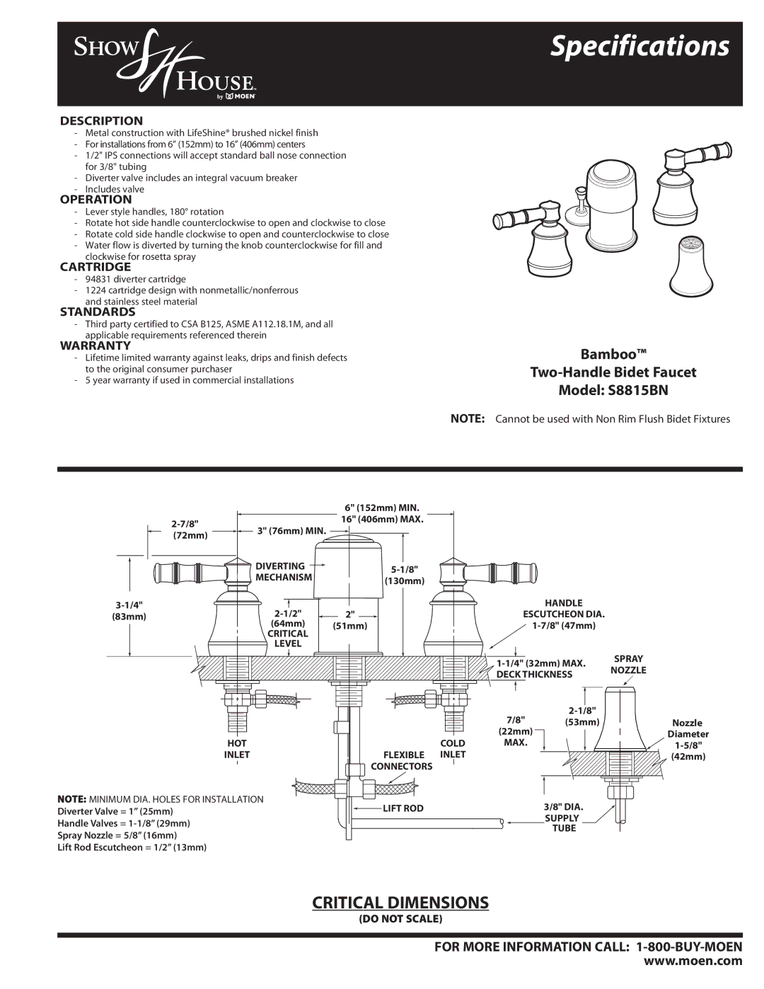 Moen specifications Specifications, Bamboo Two-Handle Bidet Faucet Model S8815BN 