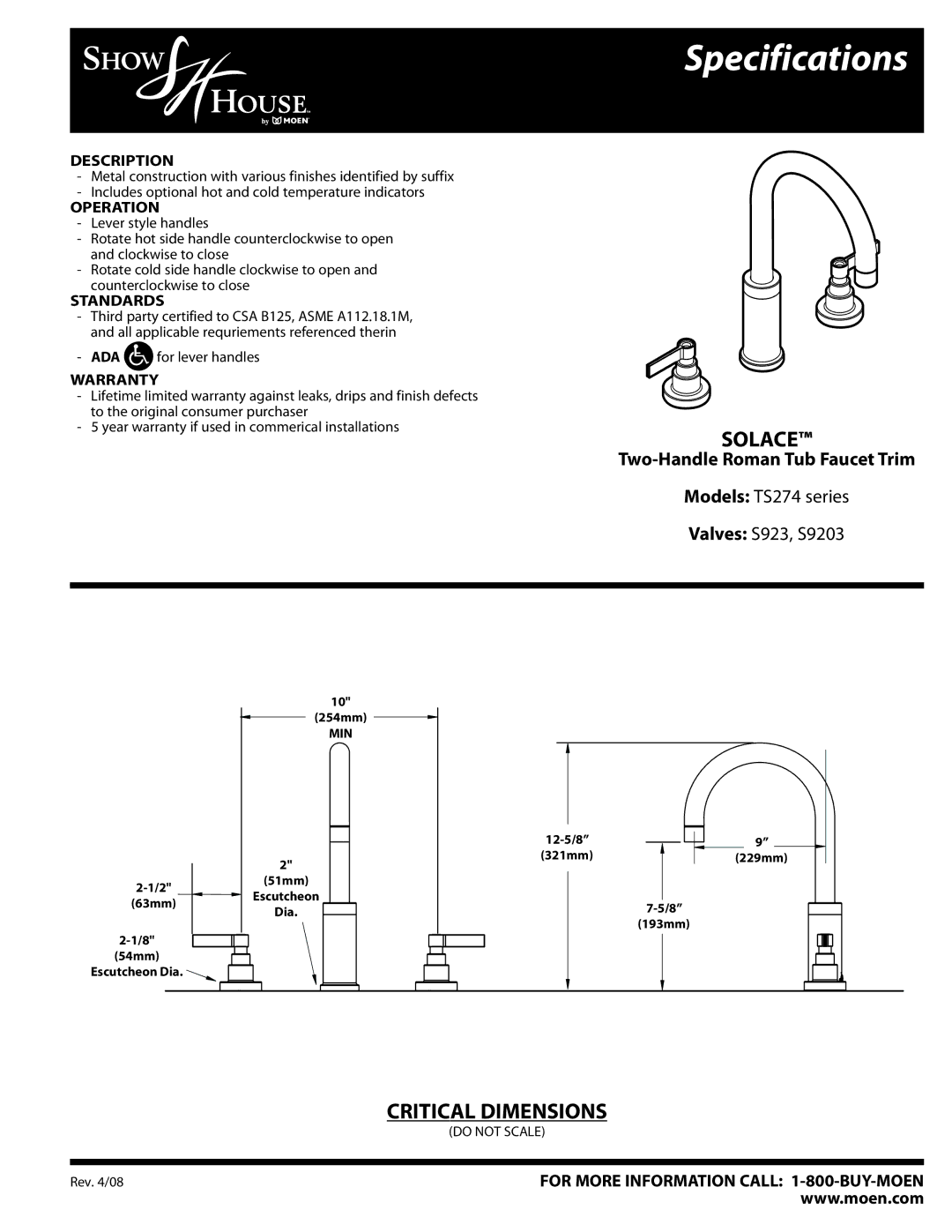 Moen S923, S9203 specifications Specifications, Solace, Two-Handle Roman Tub Faucet Trim 