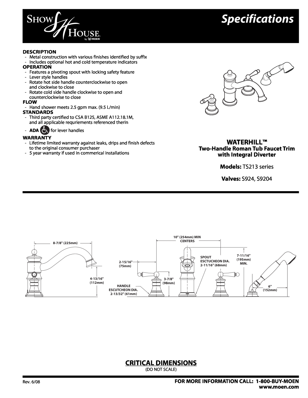 Moen specifications Specifications, Waterhill, Critical Dimensions, Models TS213 series Valves S924, S9204, Description 