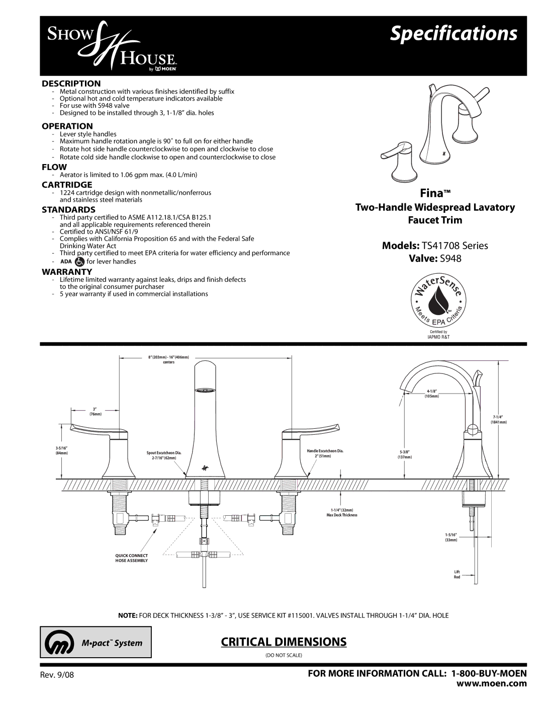 Moen specifications Specifications, Fina, Two-Handle Widespread Lavatory Faucet Trim, Valve S948 