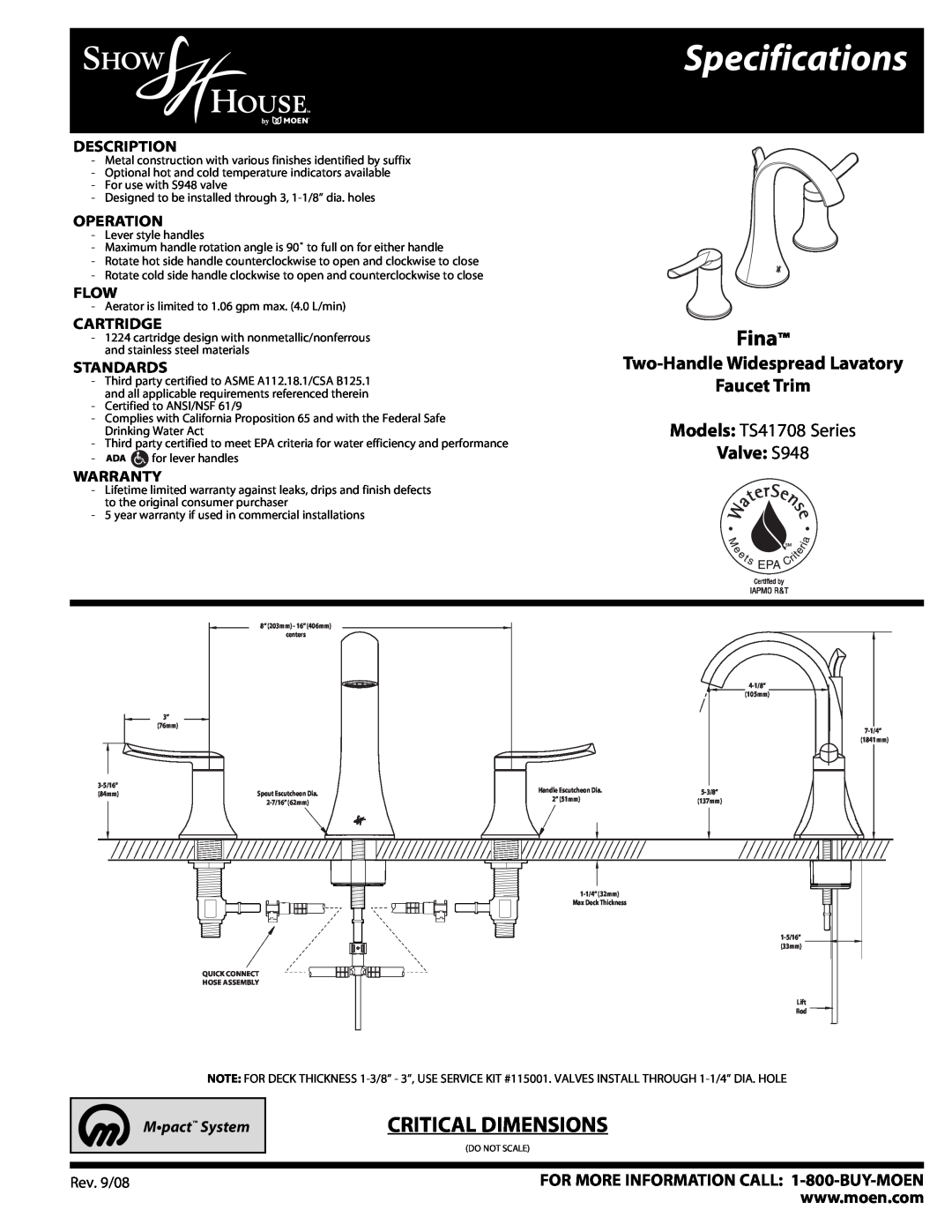 Moen specifications Specifications, Fina, Critical Dimensions, Two-Handle Widespread Lavatory Faucet Trim, Valve S948 