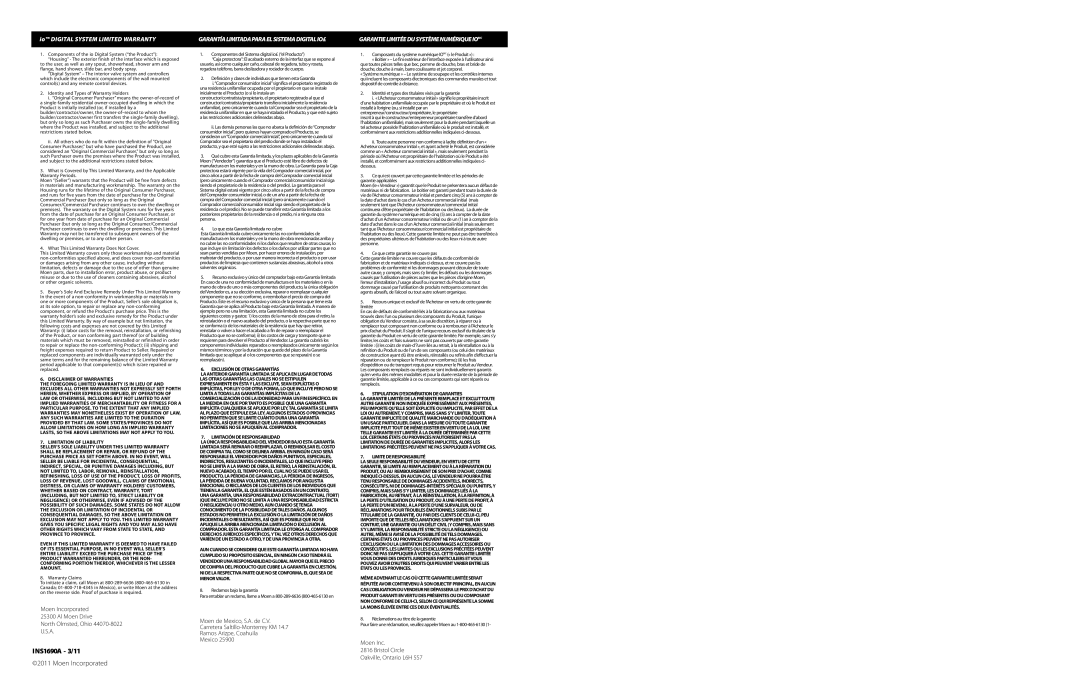 Moen SA349, SA340 warranty INS1690A 3/11, Io Digital System Limited Warranty 