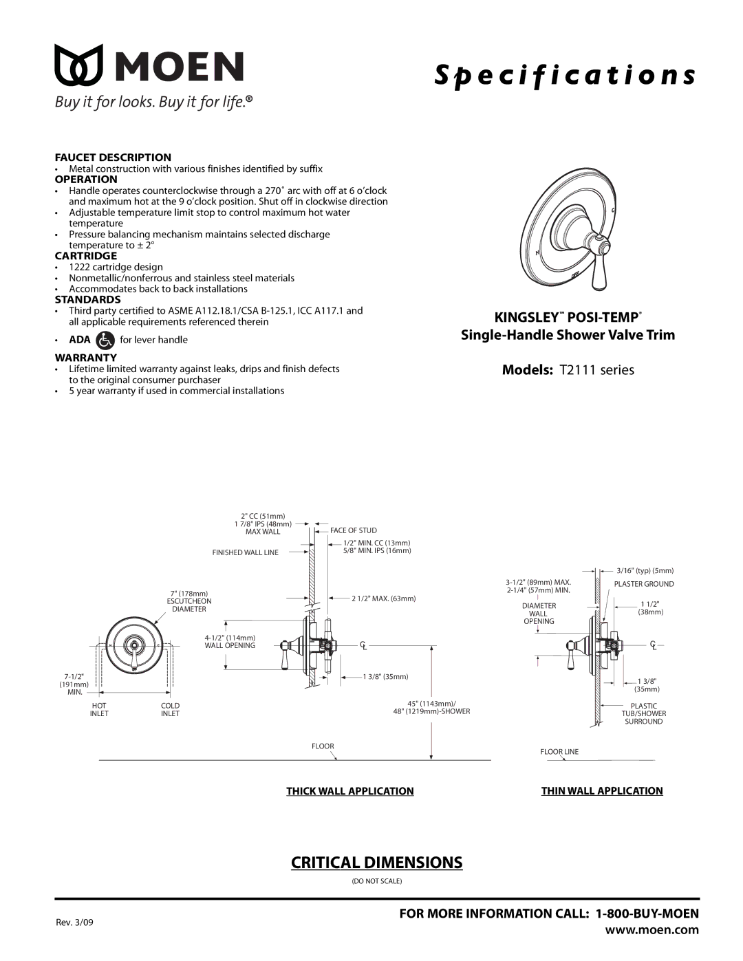 Moen specifications Specification s, Kingsley POSI-TEMP, Single-Handle Shower Valve Trim, Models T2111 series 