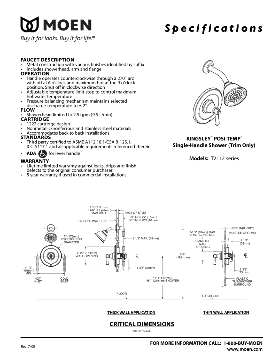 Moen T2112 Series specifications Specification s, Kingsley POSI-TEMP, Single-Handle Shower Trim Only, Models T2112 series 