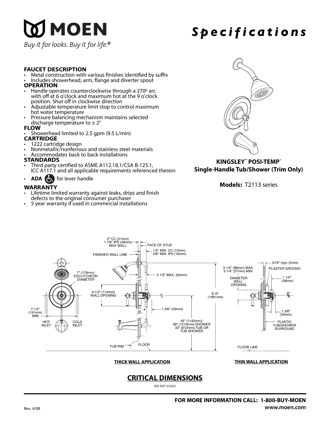 Moen T2113 Series specifications Faucet Description, Operation, Flow, Cartridge, Standards, Warranty 