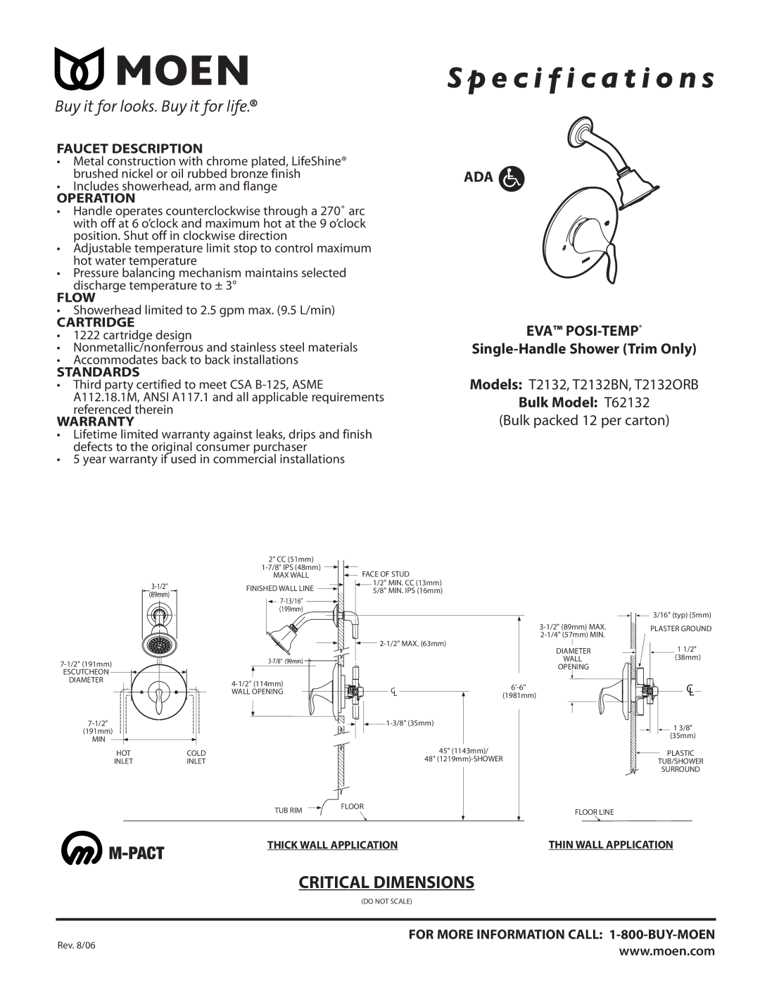 Moen T2132BN, T2132ORB specifications Faucet Description, Operation, Flow, Cartridge, Standards, Warranty 