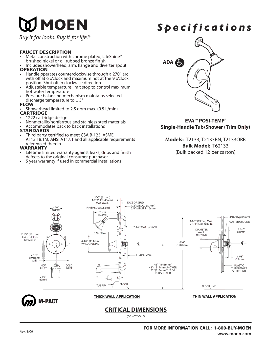 Moen T2133ORB, T2133BN, T62133 specifications Faucet Description, Operation, Flow, Cartridge, Standards, Warranty 