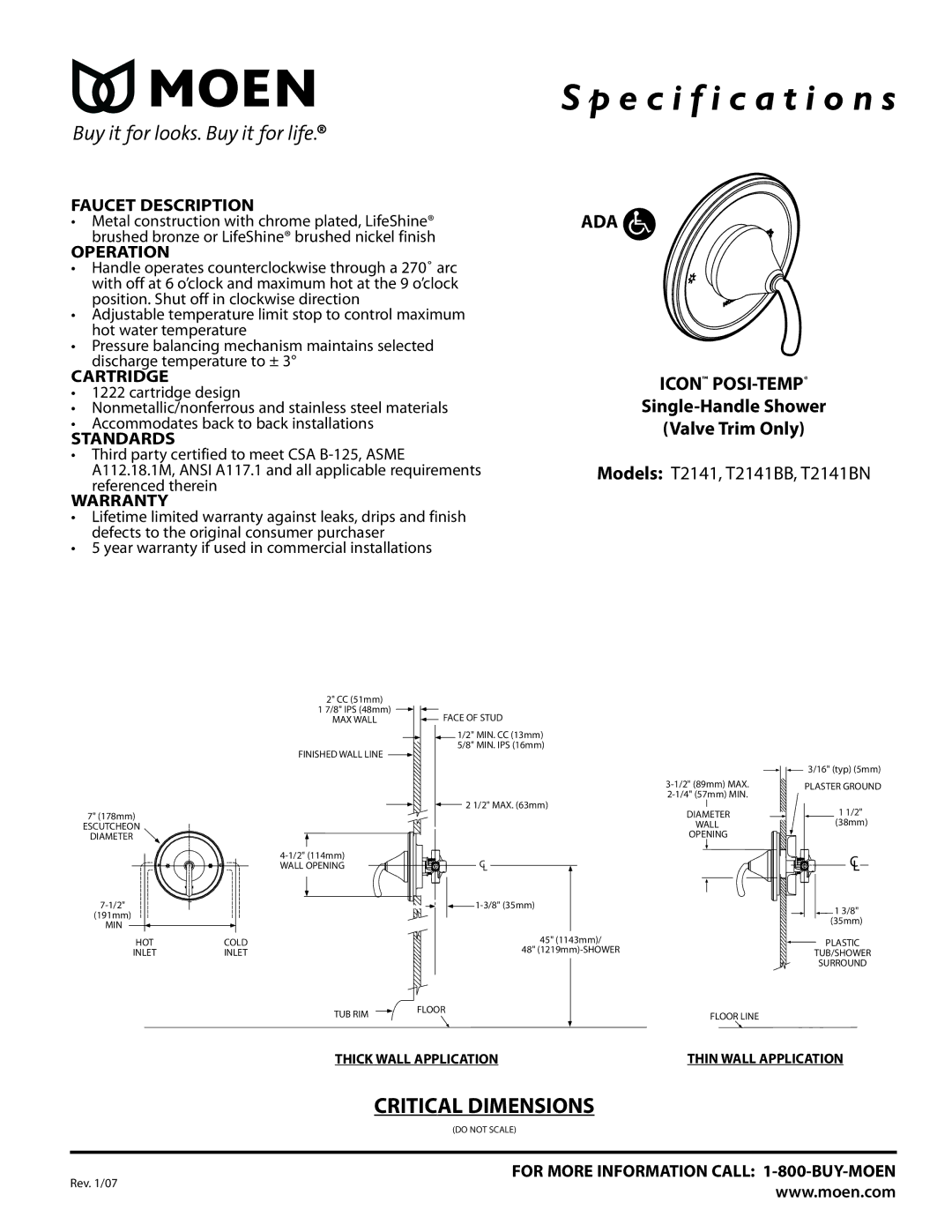 Moen T2141BN, T2141BB specifications Faucet Description, Operation, Cartridge, Standards, Warranty 