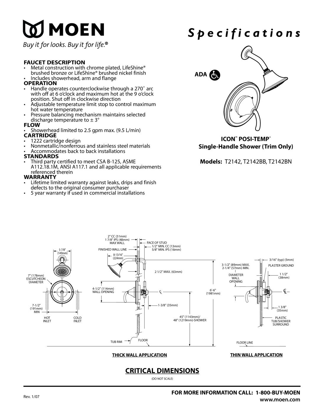 Moen T2142BB, T2142BN specifications Faucet Description, Operation, Flow, Cartridge, Standards, Warranty 