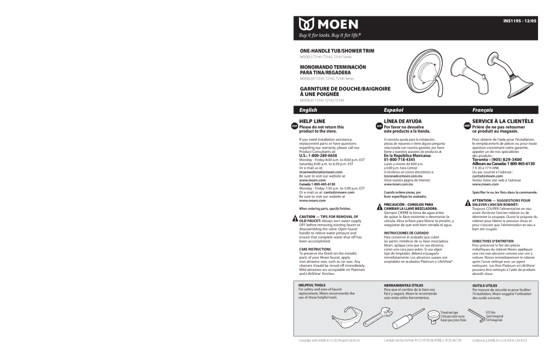 Moen T2142 warranty Moenwebmail@moen.com, Alto Por favor no devuelva este producto a la tienda, En la República Mexicana 