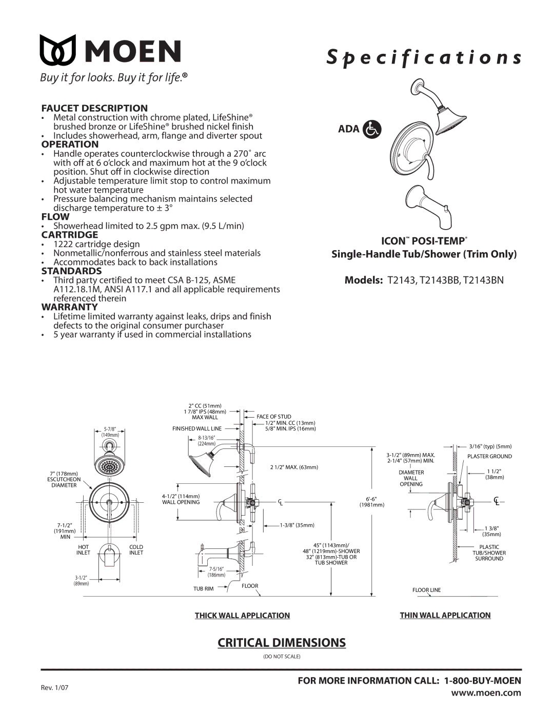 Moen T2143BB, T2143BN specifications Faucet Description, Operation, Flow, Cartridge, Standards, Warranty 