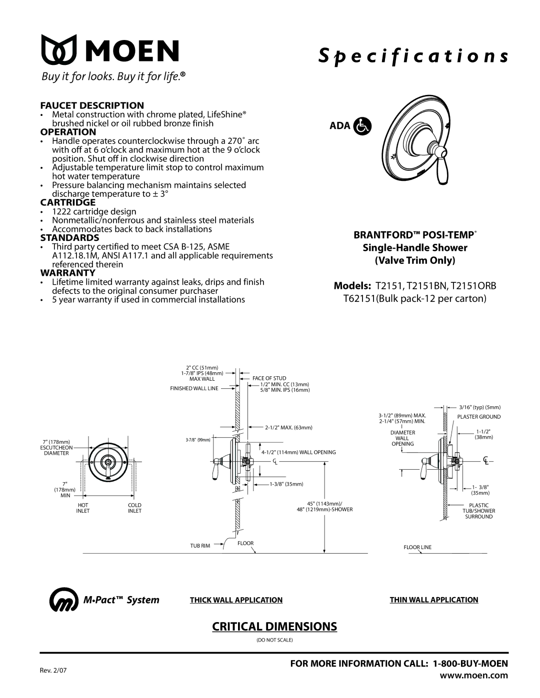 Moen T2151ORB specifications Specification s, ADA Brantford POSI-TEMP, Single-Handle Shower Valve Trim Only, Pact System 