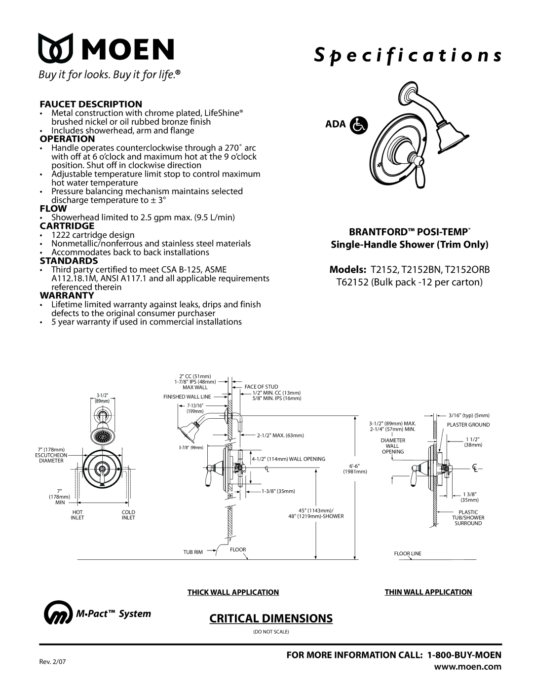 Moen T2152ORB specifications Specification s, ADA Brantford POSI-TEMP, Single-Handle Shower Trim Only, MPact System 