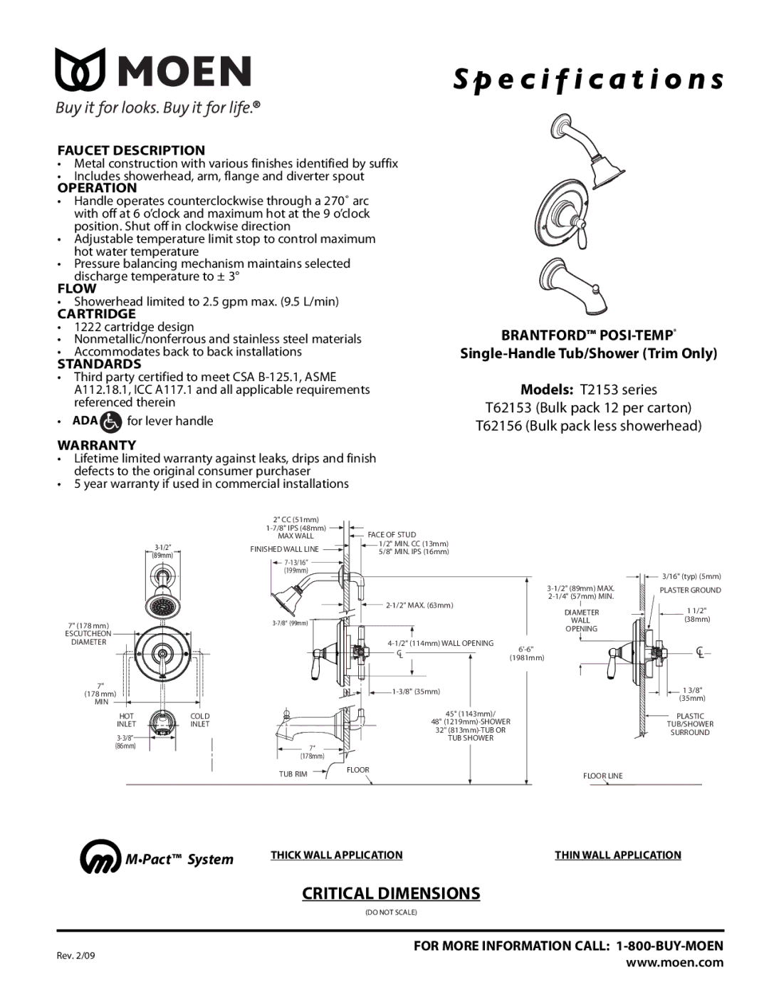 Moen T62156, T62153 specifications Specification s, Brantford POSI-TEMP, Single-Handle Tub/Shower Trim Only, Pact System 