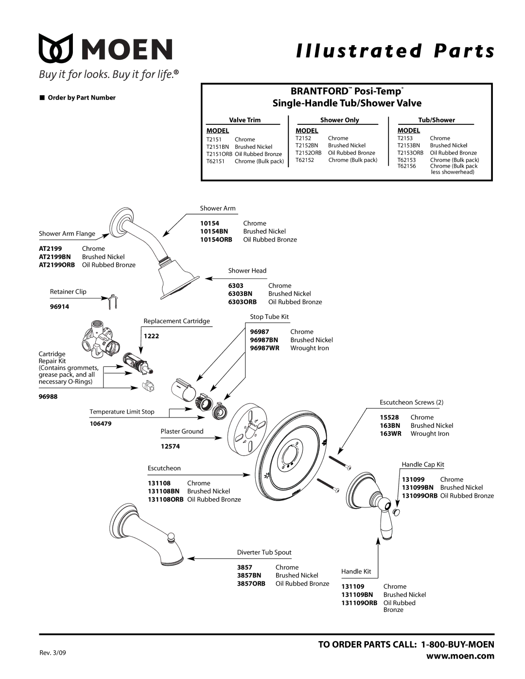 Moen T2151 Chrome, T2153ORB, T62151 manual Illustrated Par ts, Brantford Posi-Temp Single-Handle Tub/Shower Valve, Model 