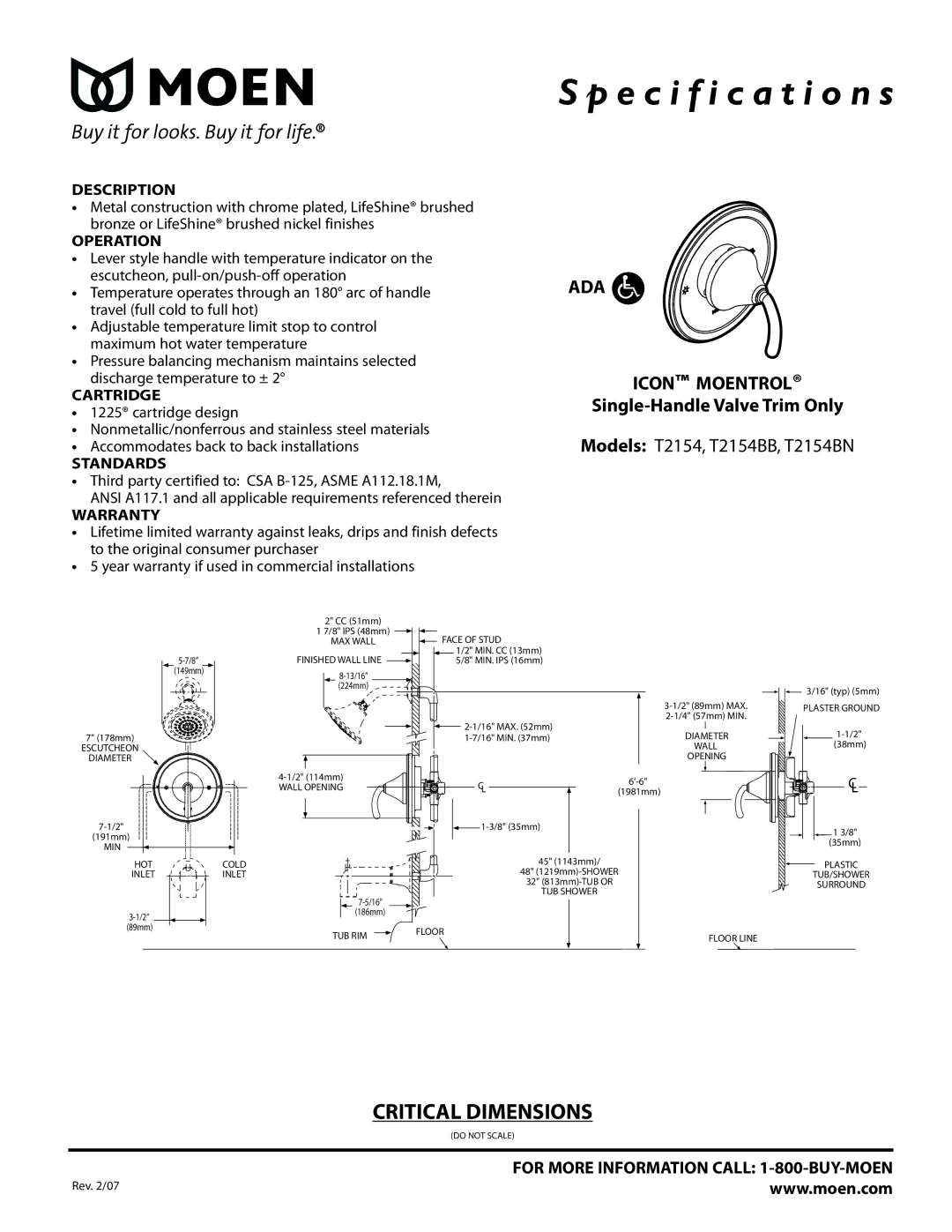 Moen T2154BB, T2154BN specifications Description, Operation, Cartridge, Standards, Warranty 