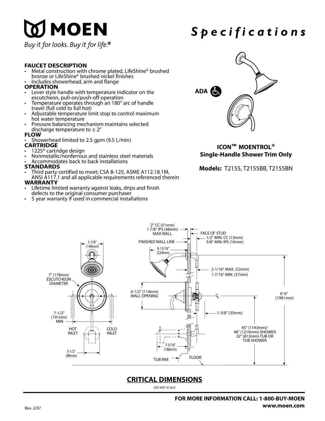 Moen T2155BB, T2155BN specifications Faucet Description, Operation, Flow, Cartridge, Standards, Warranty 