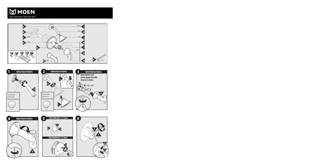 Moen T2155 Series, T2156 Series, T2154 Series warranty Option/Opcion/Option, WALL/PARED/MUR 1/4 6mm 