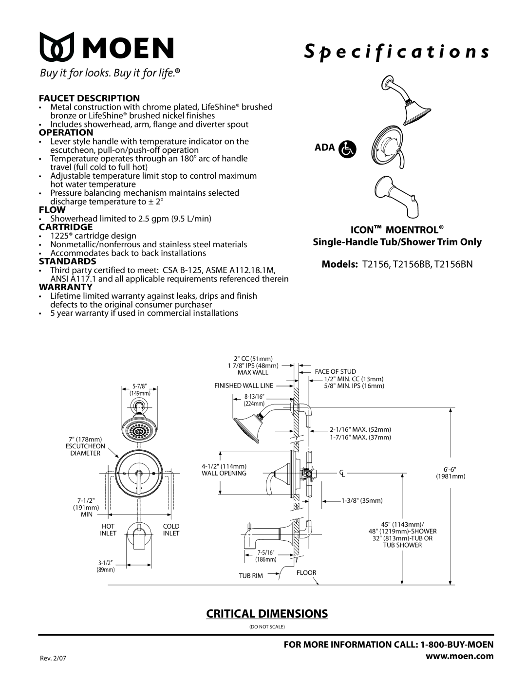 Moen T2156BN, T2156BB specifications Faucet Description, Operation, Flow, Cartridge, Standards, Warranty 