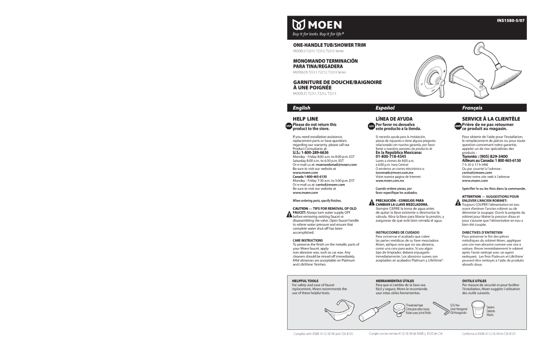 Moen T2211, T2212 warranty Stop Please do not return this product to the store, En la República Mexicana, Cantsd@moen.com 